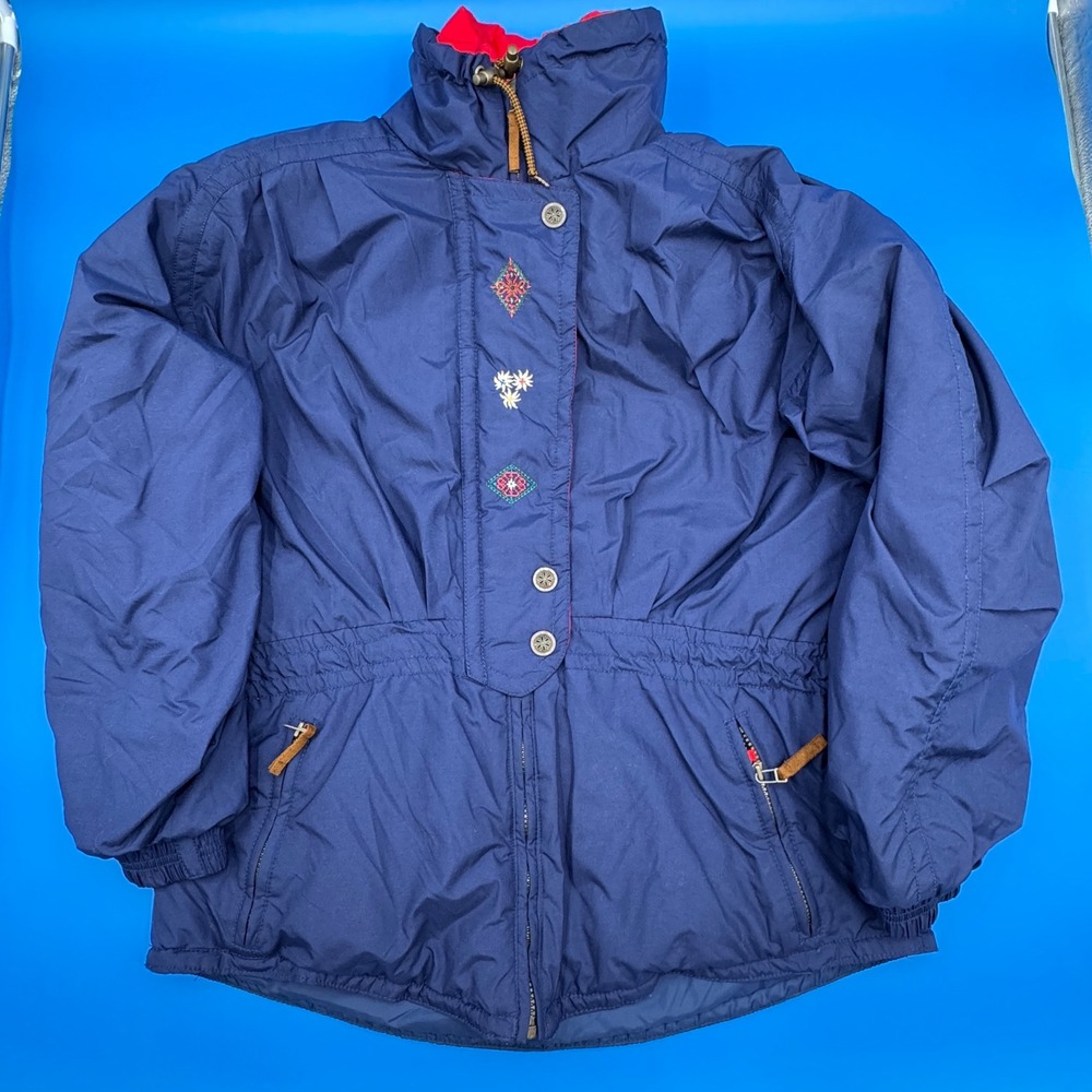 VTG Obermeyer Womens Ski Jacket Navy Blue Embroidered Snowflake‎ Rose Design